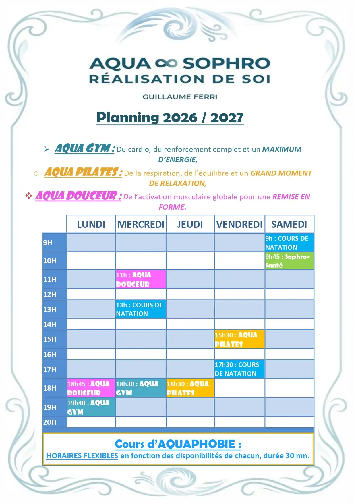 Aquagym Liffré planning HEBDO 2026 2027